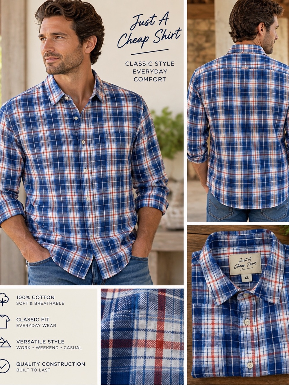 Men’s Blue & White Plaid Button-Down Shirt